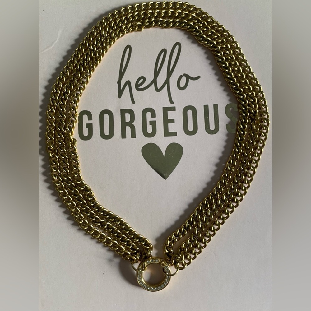 Gold Plated Multi Chain Necklace w/ Pavé Clasp | 16” Statement - Picture 3 of 3